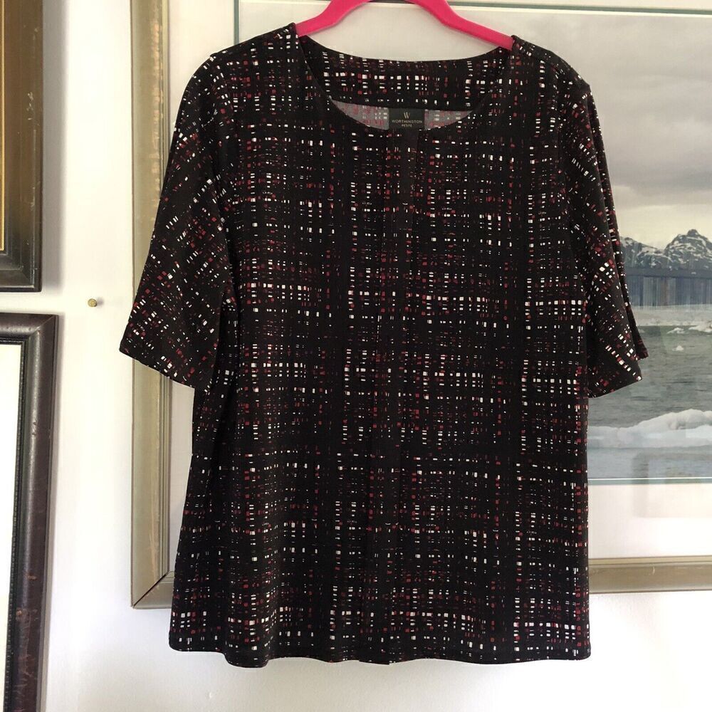 Worthington Black Red Grid Print Short Sleeve Dressy Top Career Style Sz PL A282